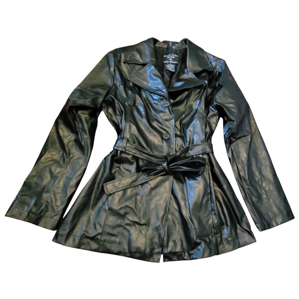 Vintage Y2K Goth Faux Leather Trench Jacket Black Belted Grunge Retro M